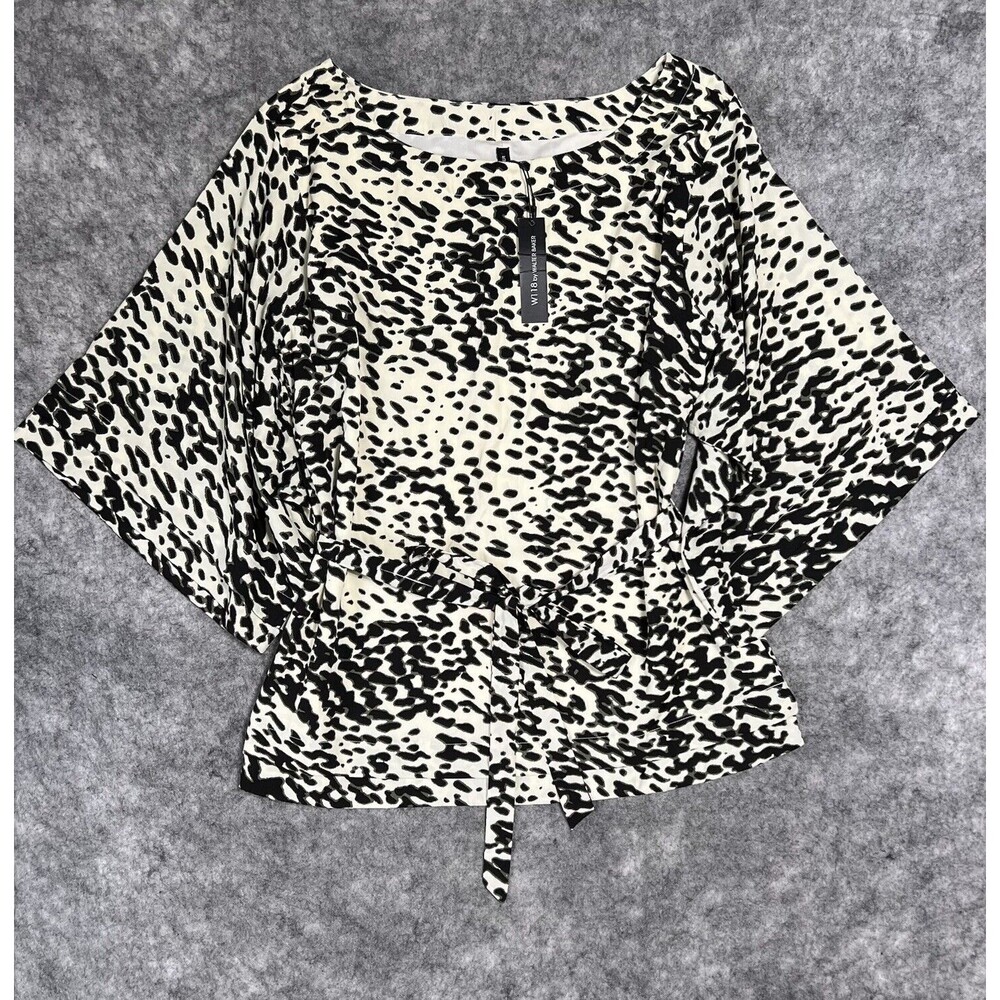 W118 Walter Baker Top Blouse Womens L Multi Tie Front Animal Print Boat Neck NWT